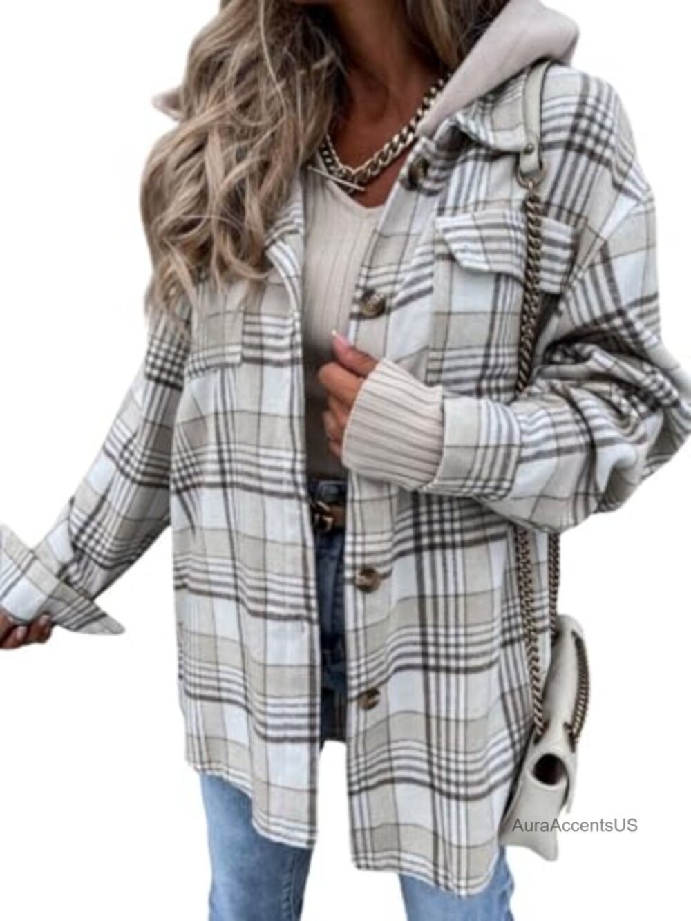 Women's Chunky Flannel Shacket Jacket with Detachable Hood, Button Down Plaid